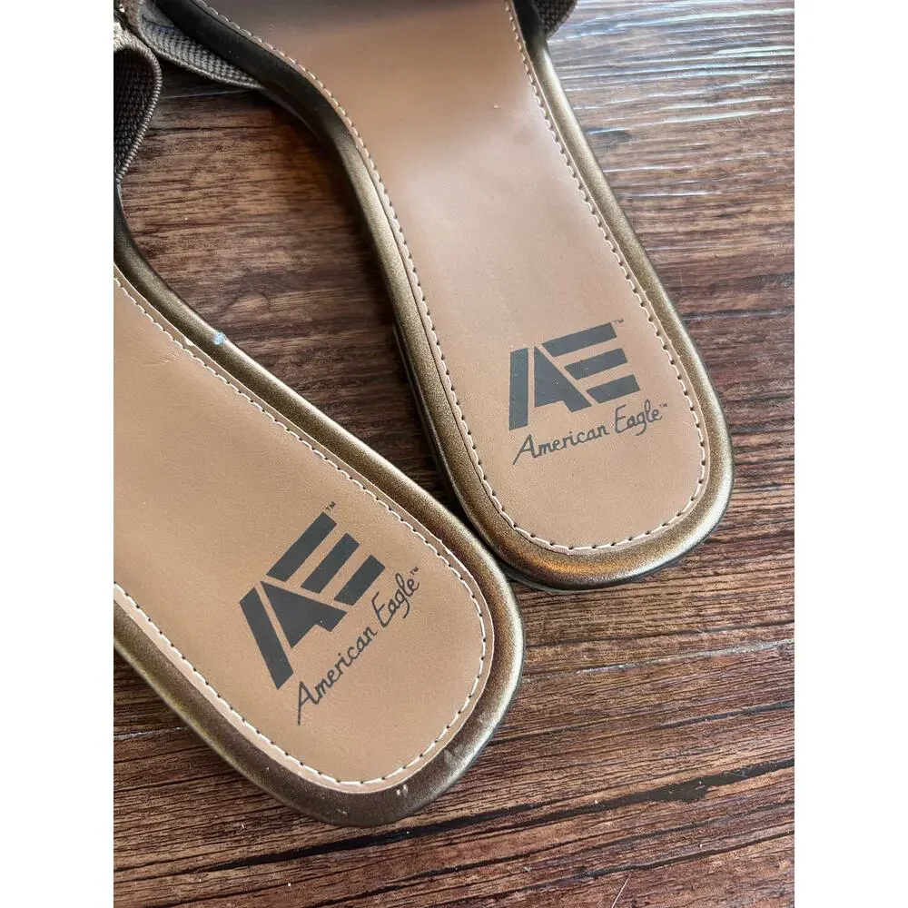 NEW American Eagle Sandals Slip On Brown Slides Flats Wide Strap Womens Size 9 - Picture 2 of 5